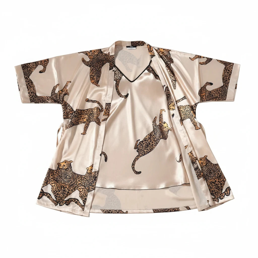 Peignoir Kimono Satin Léopard Femme
