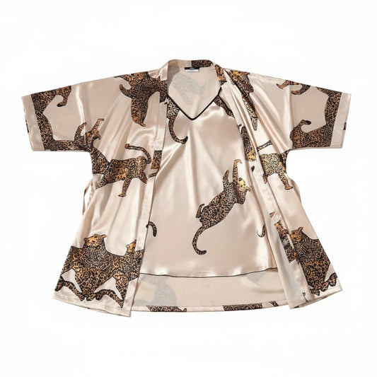 Peignoir Kimono Satin Léopard Femme