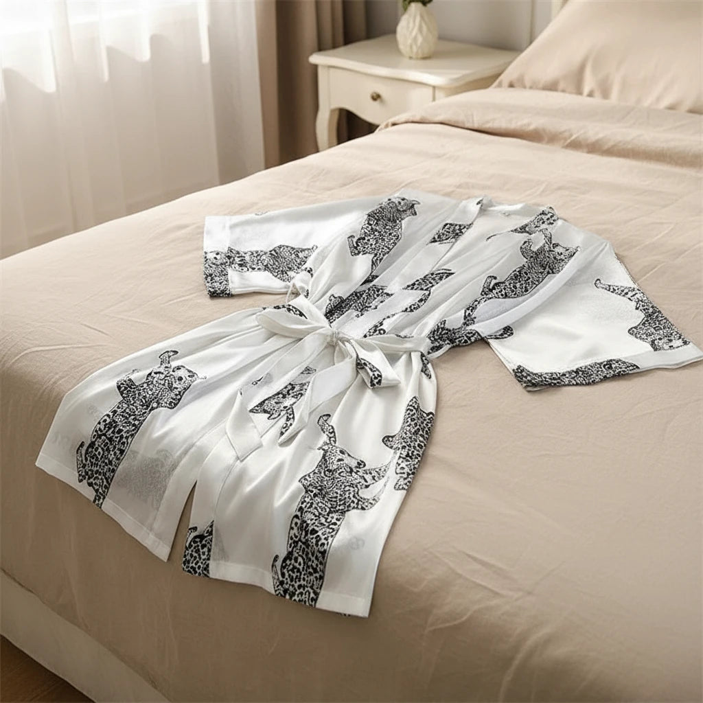 Peignoir Kimono Satin Léopard Femme