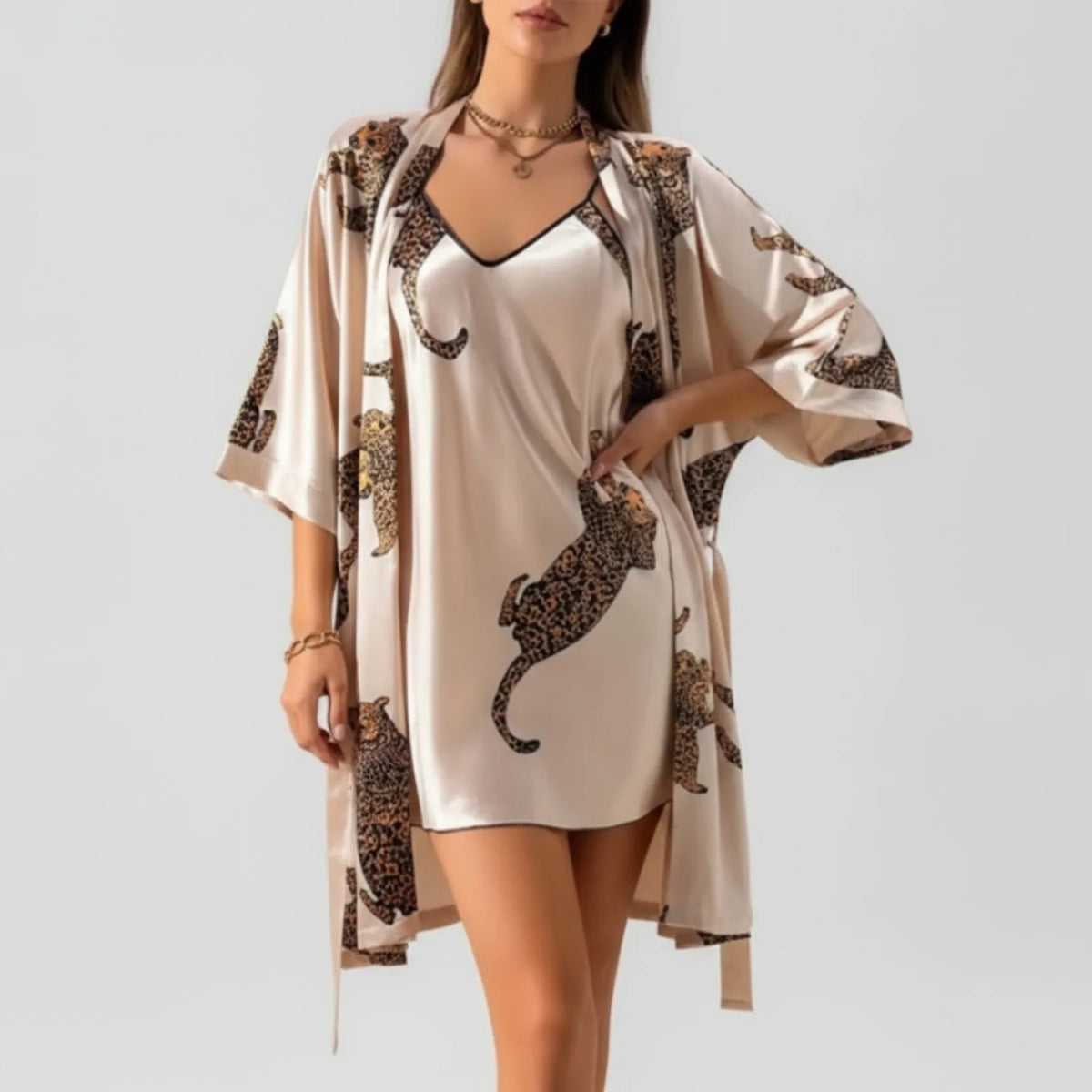 Peignoir Kimono Satin Léopard Femme