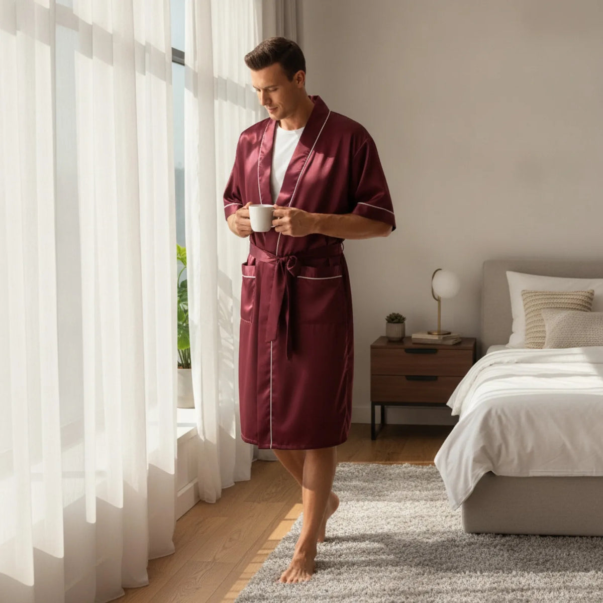 Peignoir Homme Satin Soie Kimono Confort Luxe